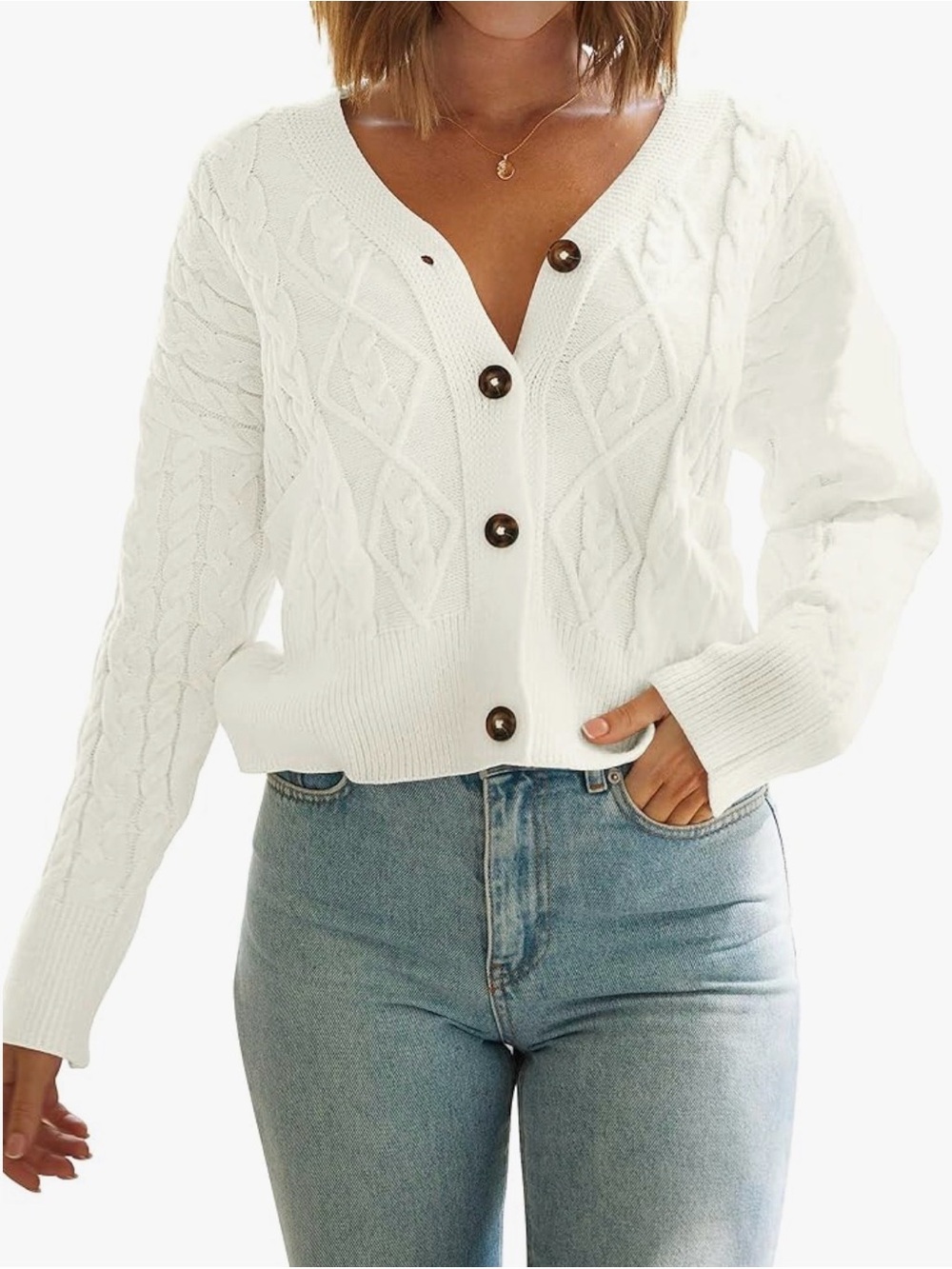 White Cable Knit Button Cardigan Sweater